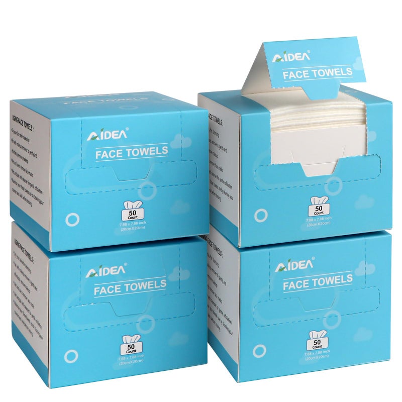 AIDEA Face Towels Disposable200Ct 4 Box Clean Facial Towels Facial Cleansing Wipes for Sensitive Skin Face Towelettes for Makeup Removing Nursing Travel Dry Wipes
